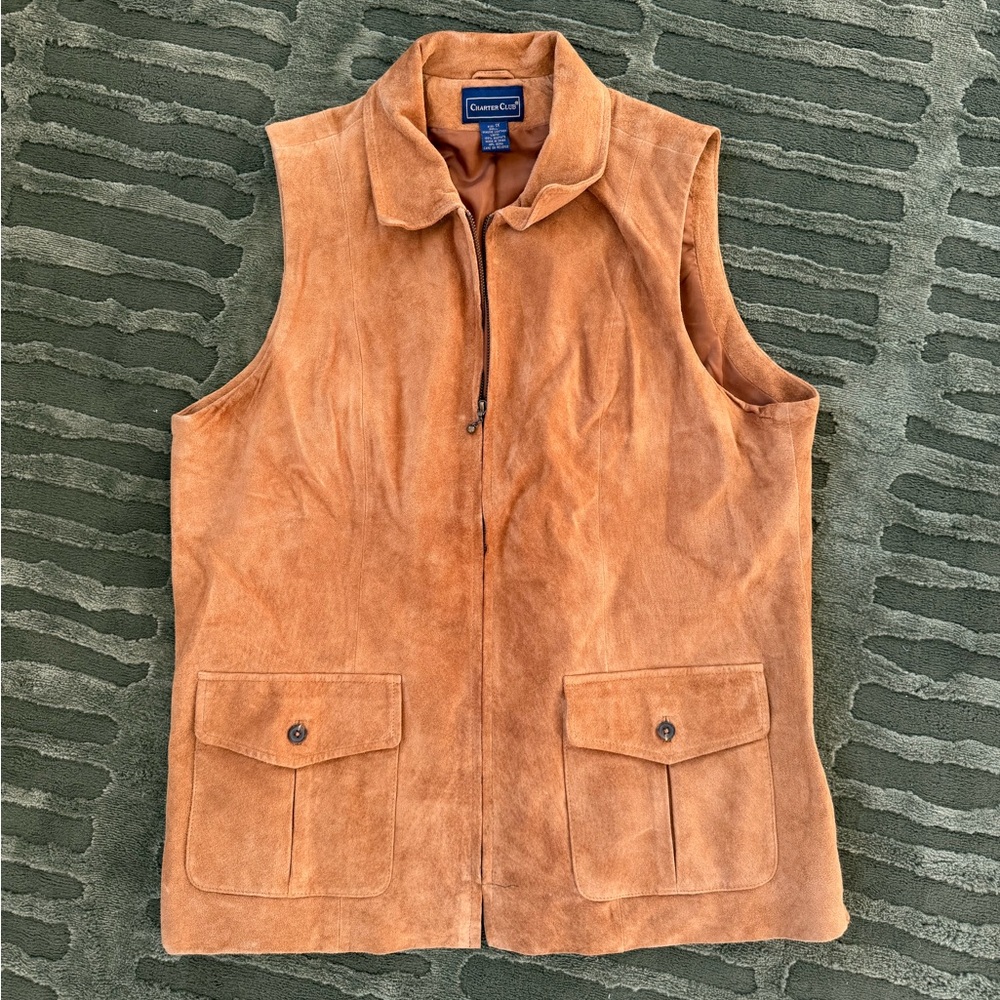 Vintage Charter Club Genuine Leather Camel Vest w/ Pockets